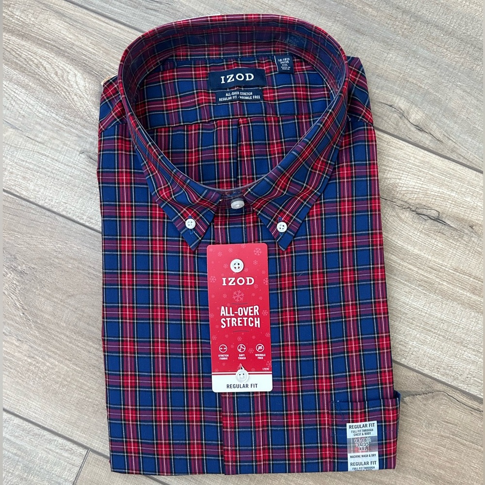 NWT Izod Men's Red and Navy Plaid Button Down Shirt - Size XXL 18-18.5 34/35 - Picture 12 of 12